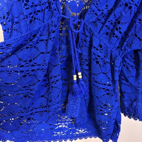 Free People Blue Eyelet Lace Bell Sleeve One Size Kimono Dark Rinse - Picture 6 of 9